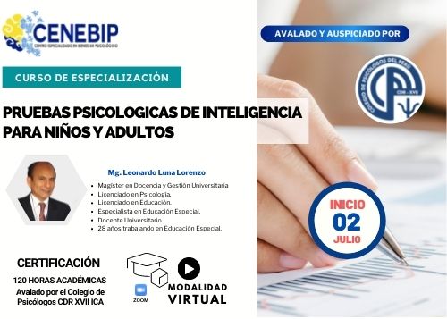 CURSO DE ESPECIALIZACIÓN: CURSO DE ESPECIALIZACIÓN: «PRUEBAS PSICOLÓGICAS DE INTELIGENCIA PARA NIÑOS Y ADULTOS»
